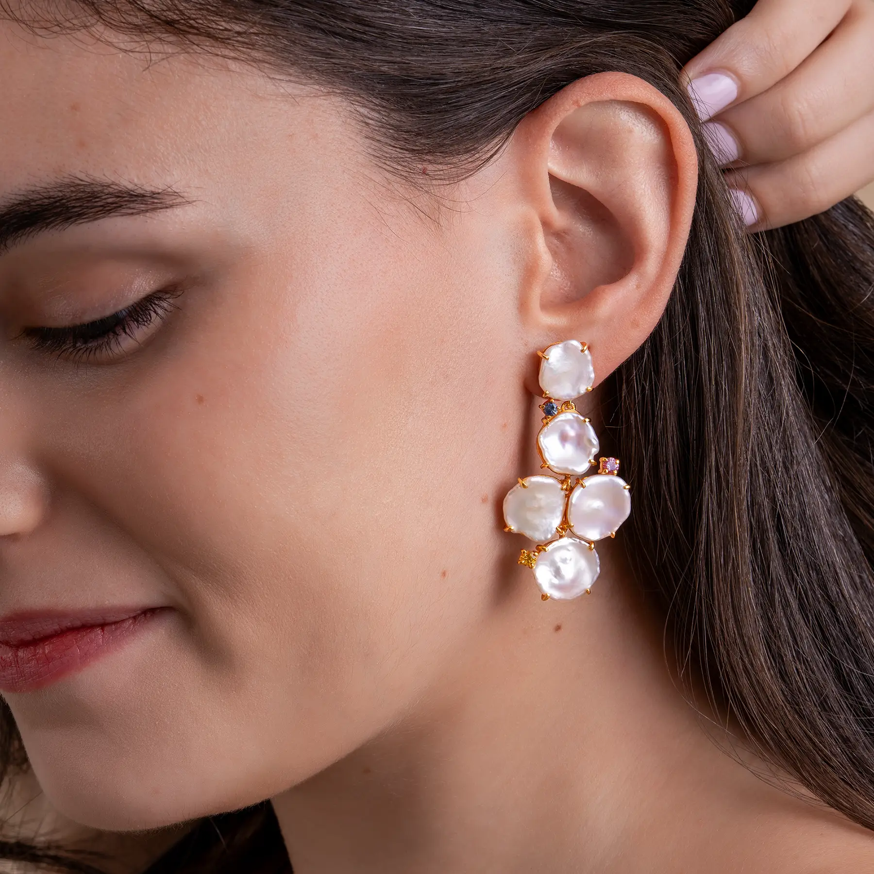 Petals Keshi Earrings with Fancy Sapphires in 18K Gold